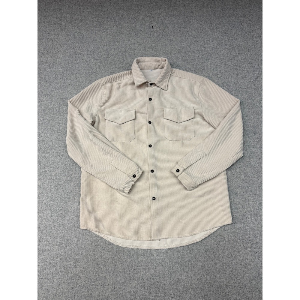 Unbranded Corduroy Button Down Shirt L Beige Dual Chest Pockets Long Sleeve
